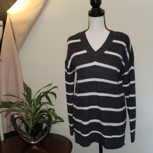 Westbound gray &white striped long sleeve V-neck